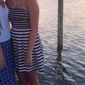 Navy blue & cream strapless dress